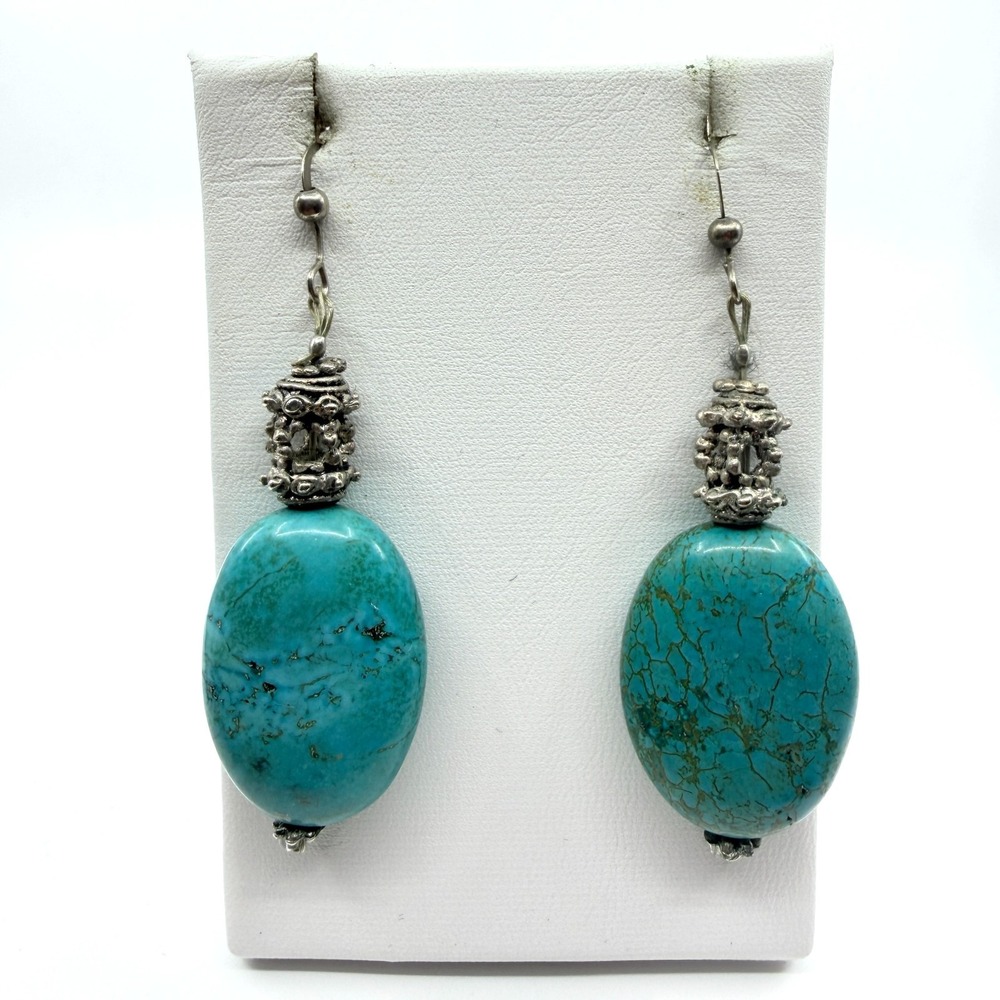 Vintage Southwestern Faux Turquoise Dangle Boho Silver Earrings